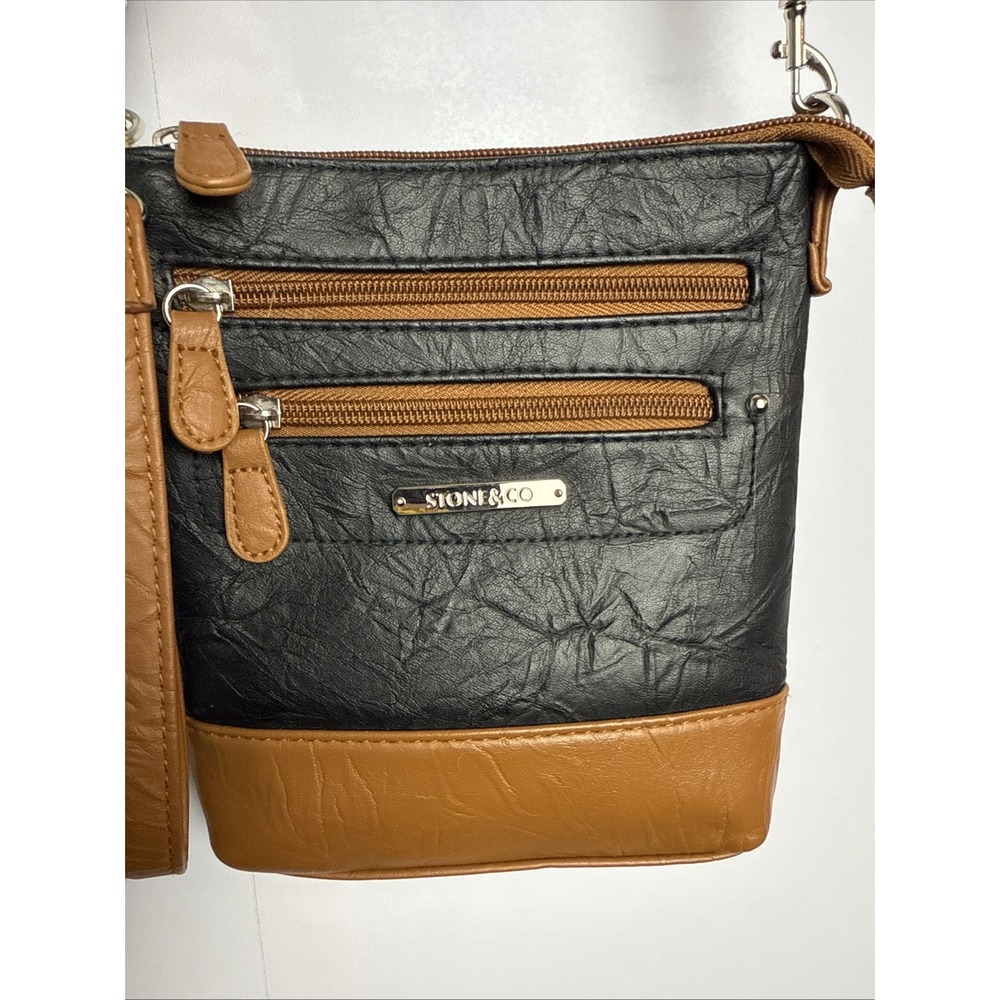 Stone & Co Faux Leather Crossbody Bag Purse Brown Two-Tone Adjustable Travel‎